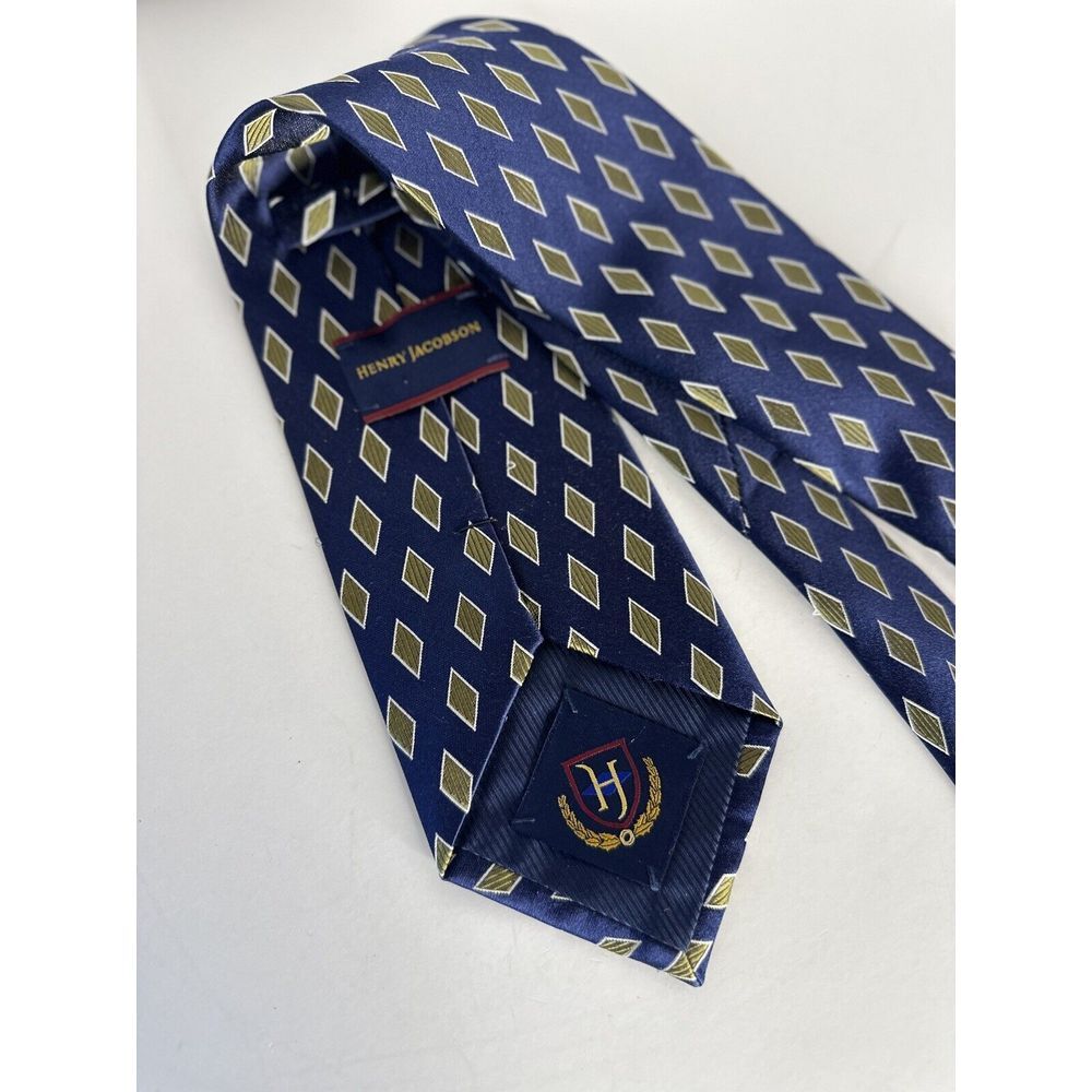 HENRY JACOBSON Silk Tie Necktie Designer Geometric‎ Blue/Gold EUC